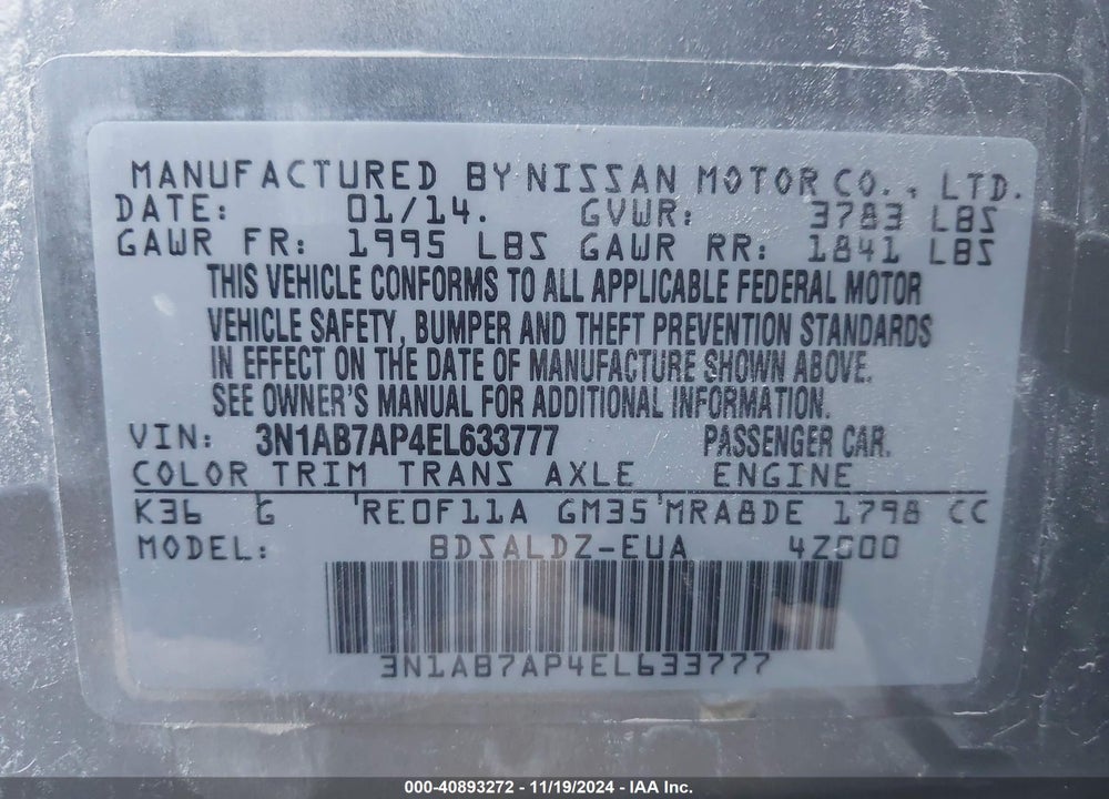 2014 NISSAN SENTRA SV VIN: 3N1AB7AP4EL633777