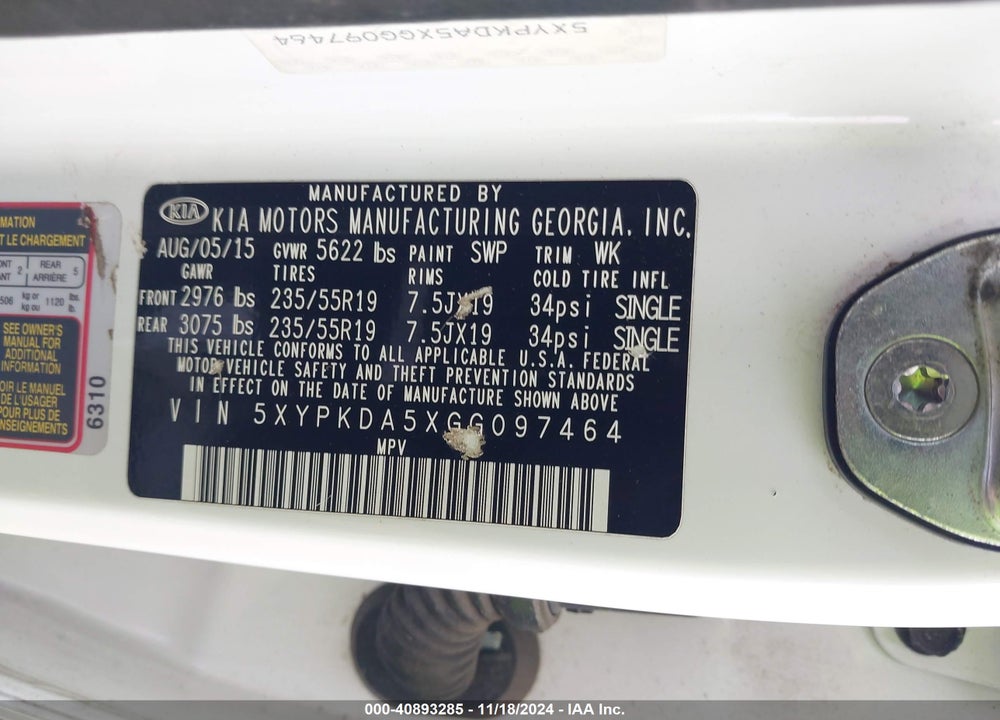 2016 KIA SORENTO 3.3L SXL VIN: 5XYPKDA5XGG097464