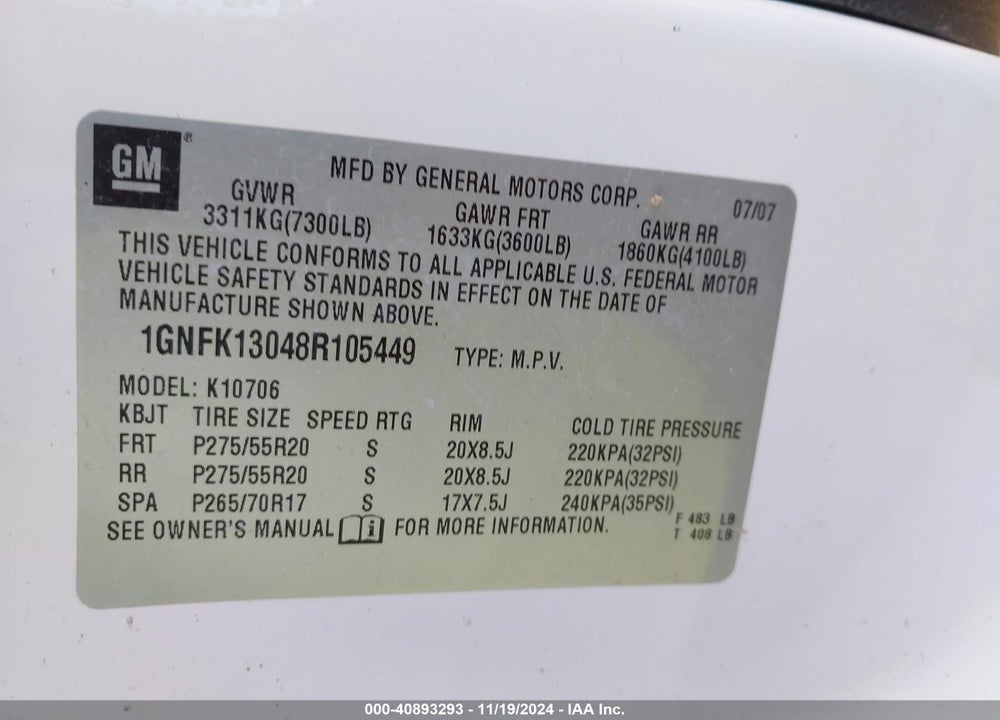 2008 CHEVROLET TAHOE LTZ VIN: 1GNFK13048R105449