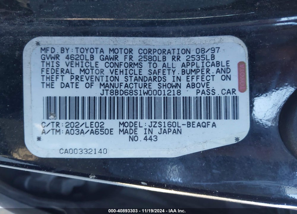 1998 LEXUS GS 300 VIN: JT8BD68S1W0001218