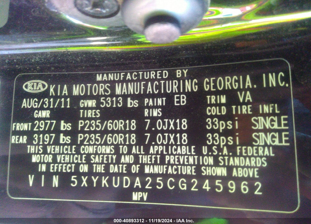2012 KIA SORENTO EX V6 VIN: 5XYKUDA25CG245962