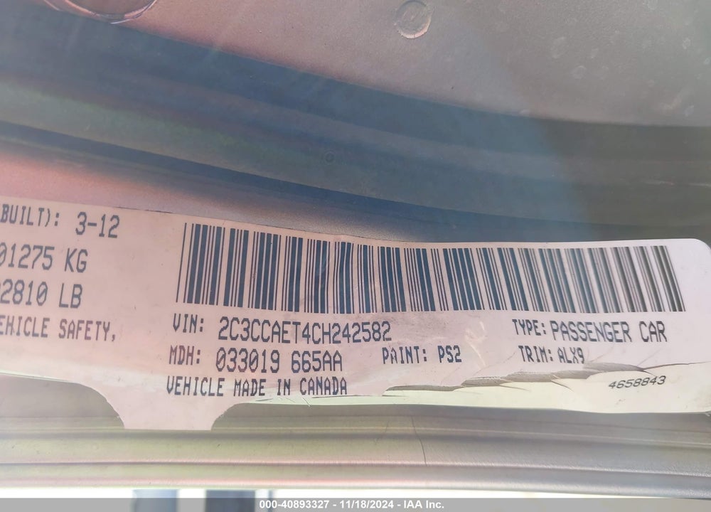 2012 CHRYSLER 300C VIN: 2C3CCAET4CH242582