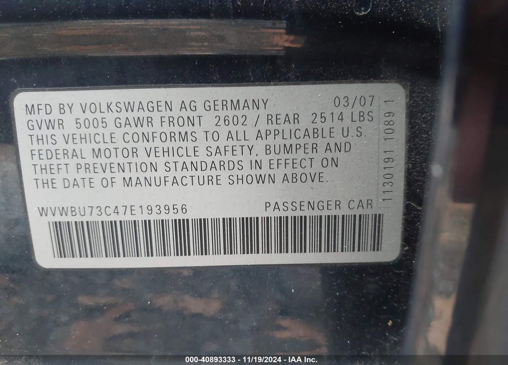2007 VOLKSWAGEN PASSAT 3.6 VIN: WVWBU73C47E193956