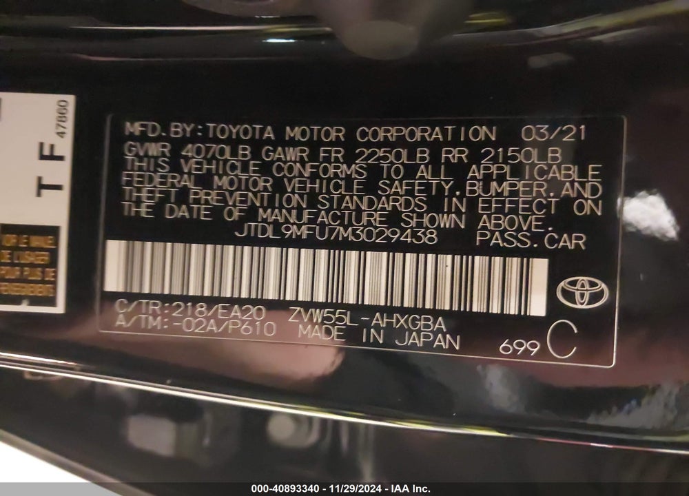 2021 TOYOTA PRIUS VIN: JTDL9MFU7M3029438