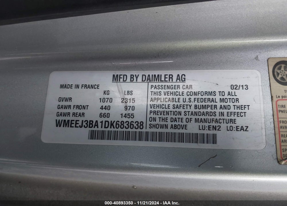 2013 SMART FORTWO PASSION/PURE VIN: WMEEJ3BA1DK683638