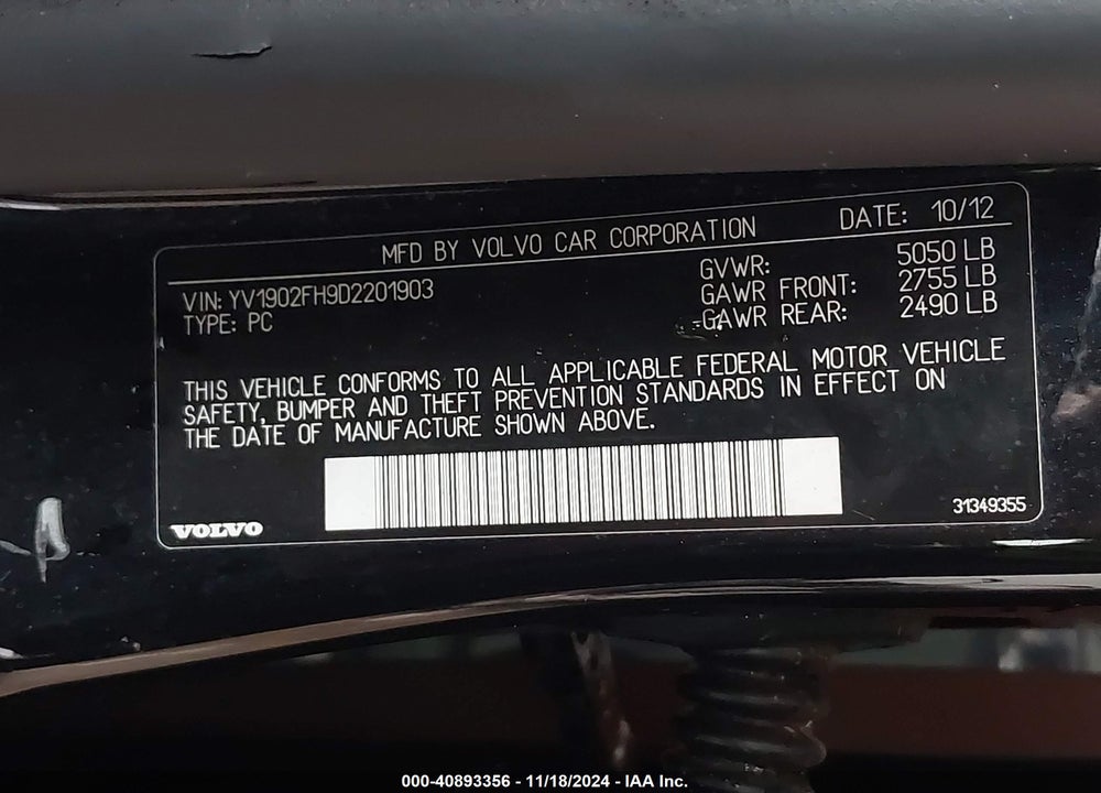 2013 VOLVO S60 T6 VIN: YV1902FH9D2201903