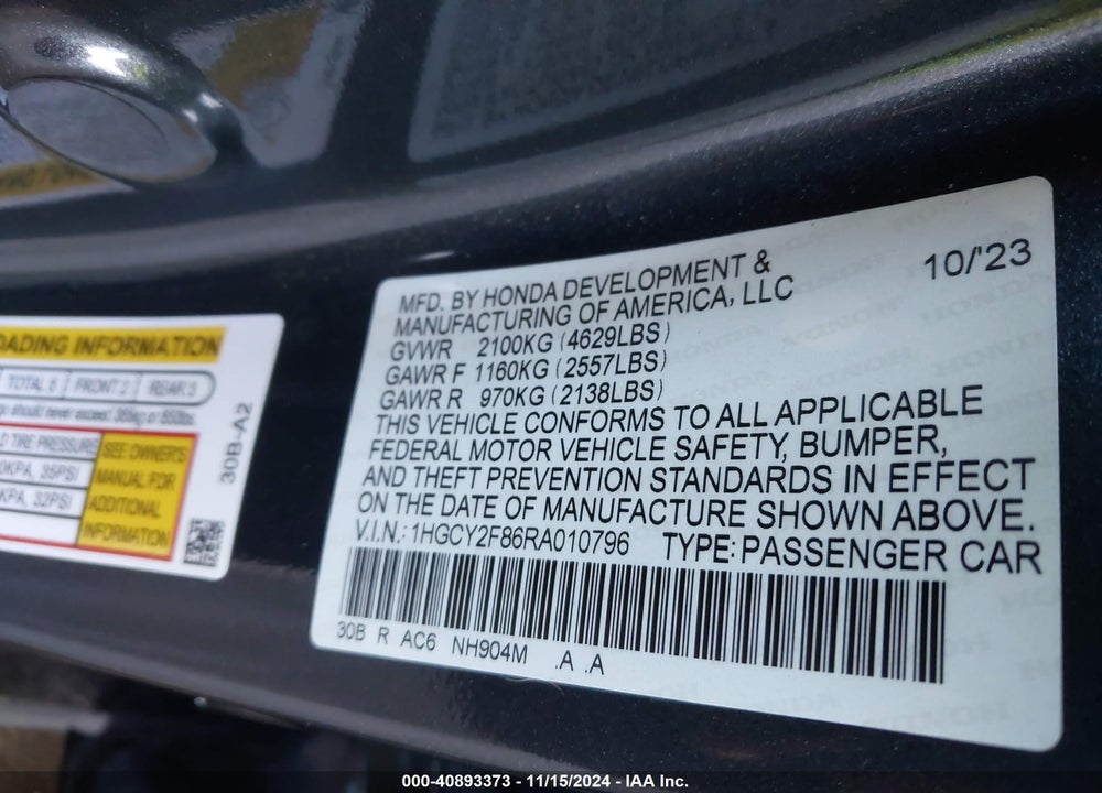 2024 HONDA ACCORD VIN: 1HGCY2F86RA010796