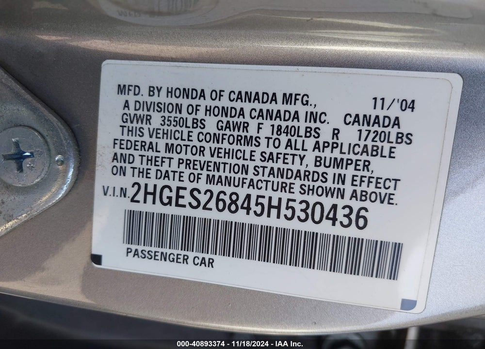 2005 HONDA CIVIC EX VIN: 2HGES26845H530436