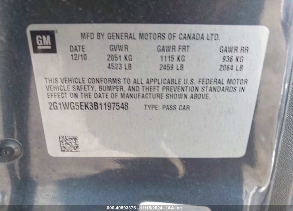2011 CHEVROLET IMPALA LT VIN: 2G1WG5EK3B1197548