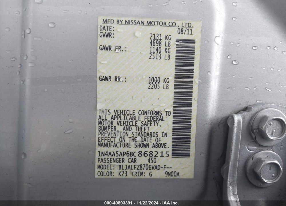 2011 NISSAN MAXIMA 3.5 SV VIN: 1N4AA5AP6BC868215