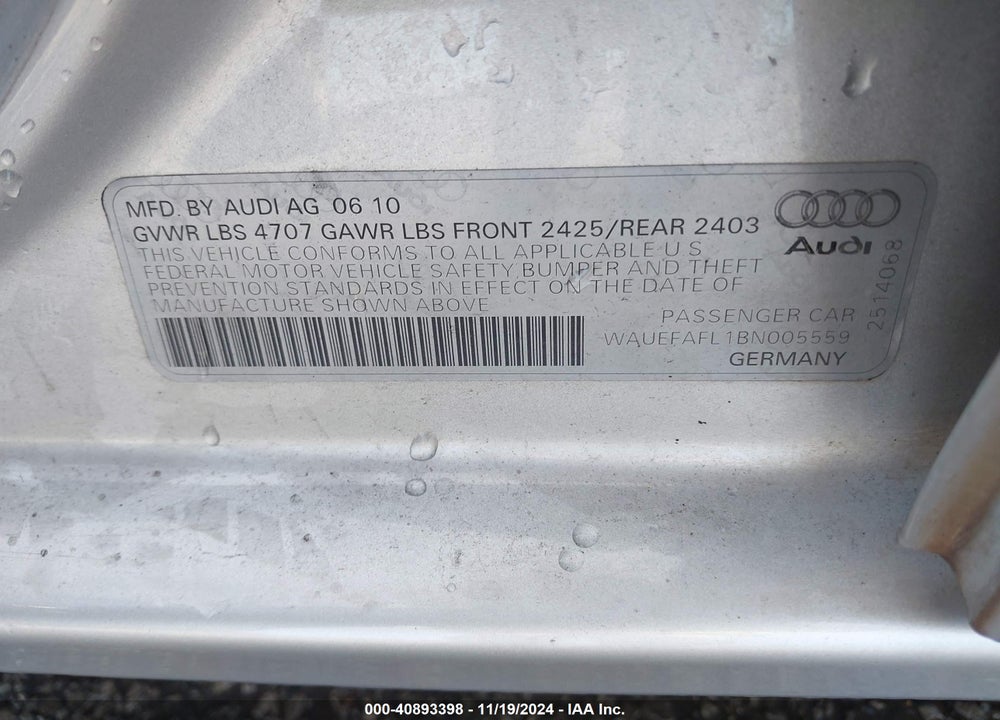 2011 AUDI A4 2.0T PREMIUM VIN: WAUEFAFL1BN005559