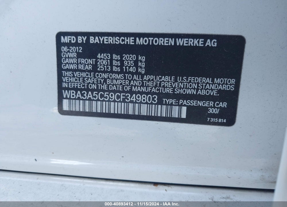 2012 BMW 328I VIN: WBA3A5C59CF349803