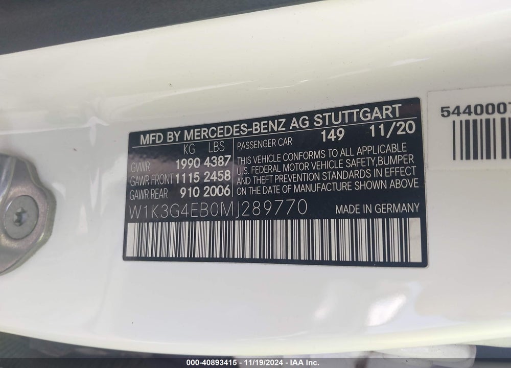 2021 MERCEDES-BENZ A 220 VIN: W1K3G4EB0MJ289770