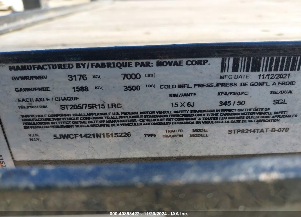 2022 CAM TRAILERS 14\' TRAILER VIN: 5JWCF1421N1515226
