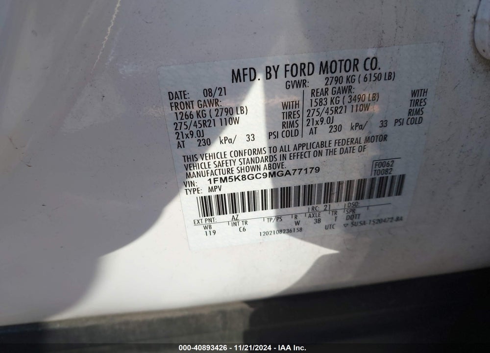 2021 FORD EXPLORER ST VIN: 1FM5K8GC9MGA77179