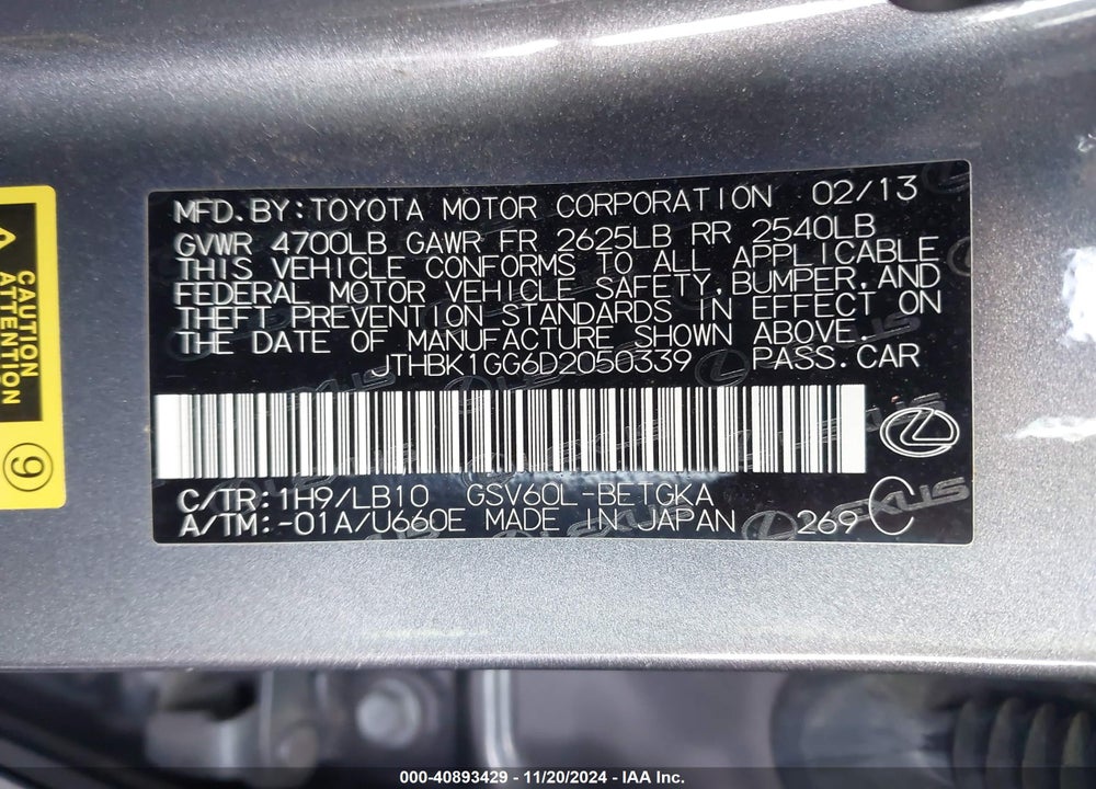 2013 LEXUS ES 350 VIN: JTHBK1GG6D2050339