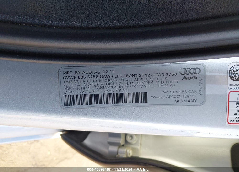 2012 AUDI A6 3.0 PREMIUM VIN: WAUGGAFC0CN128406