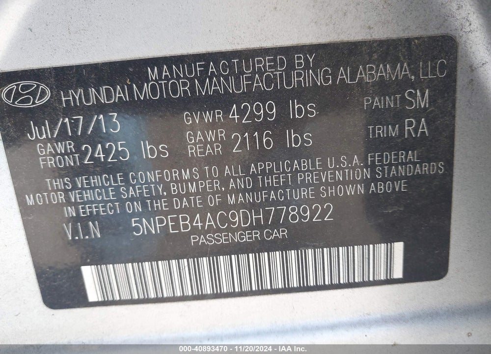 2013 HYUNDAI SONATA GLS VIN: 5NPEB4AC9DH778922