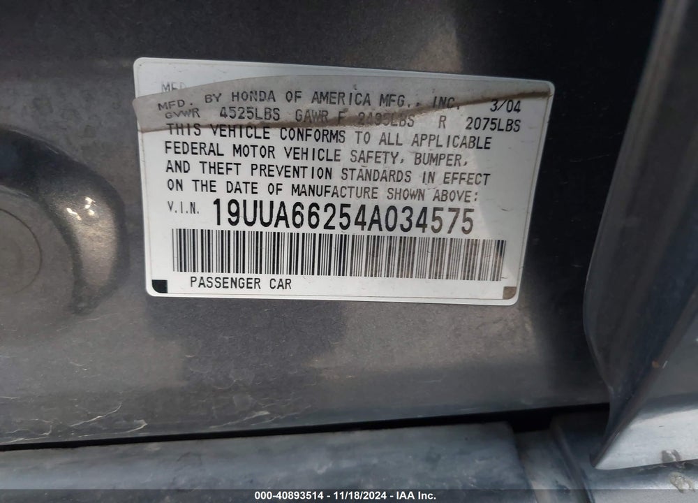 2004 ACURA TL VIN: 19UUA66254A034575