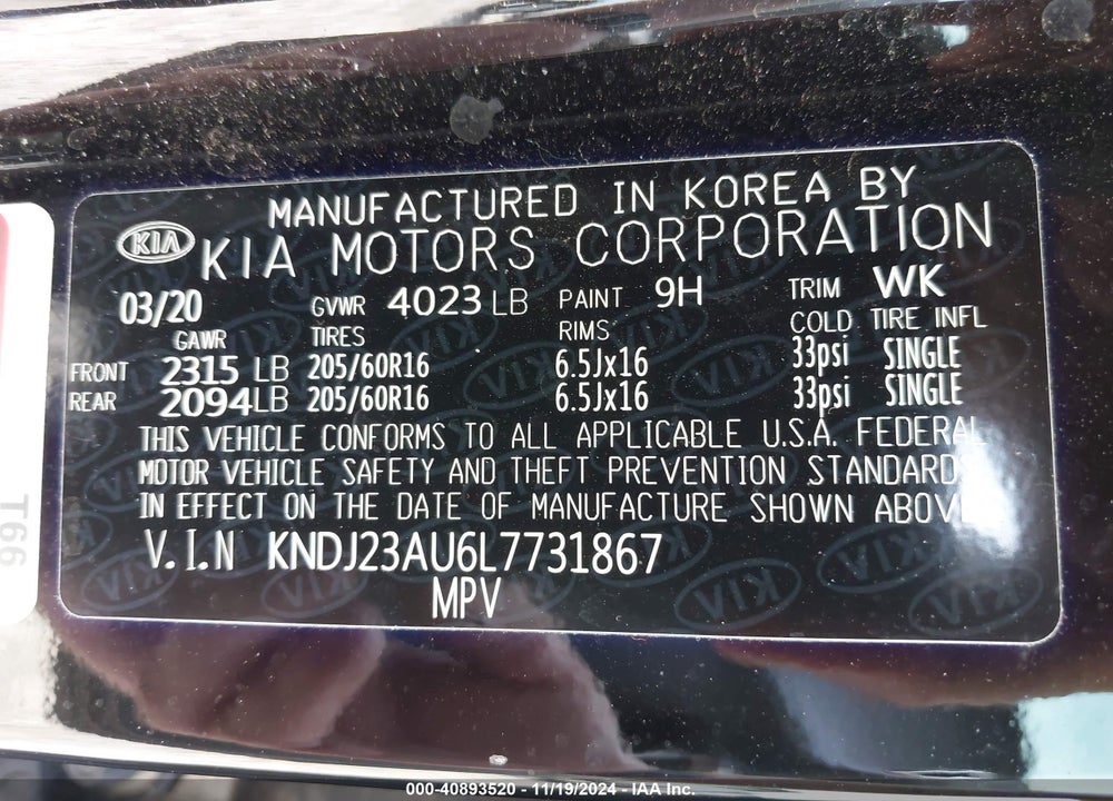 2020 KIA SOUL !/+/S VIN: KNDJ23AU6L7731867