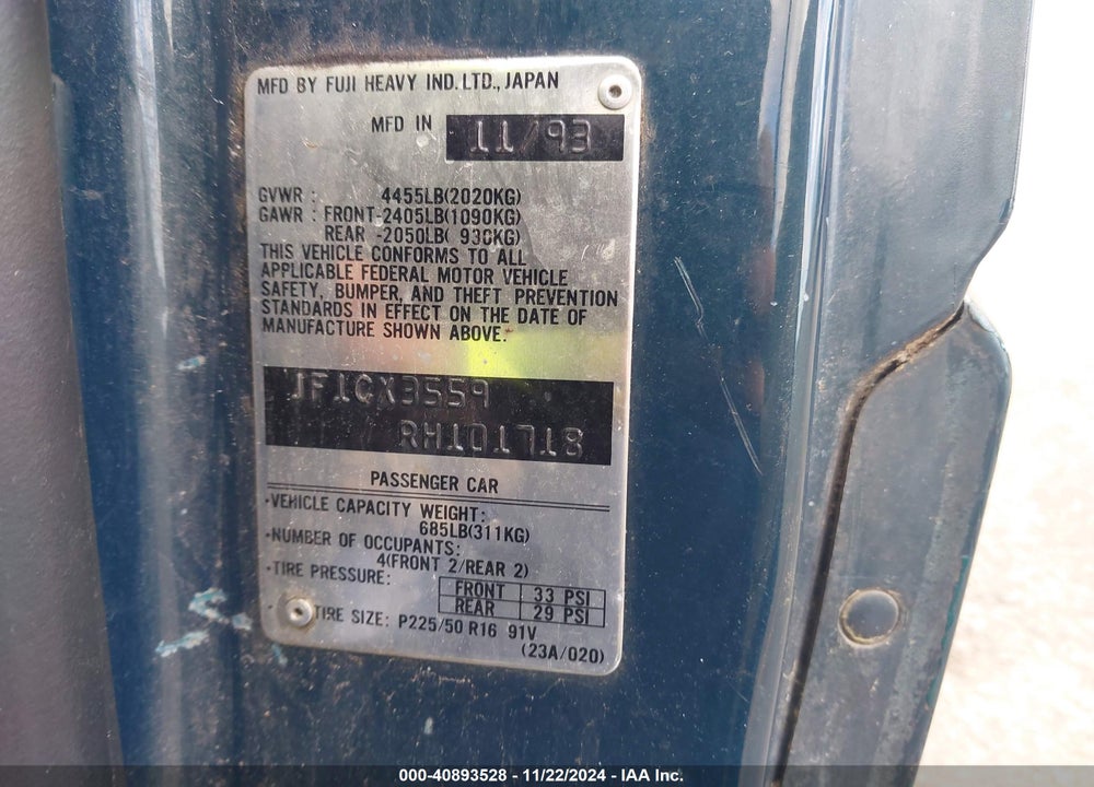 1994 SUBARU SVX LSI/LSL VIN: JF1CX3559RH101718