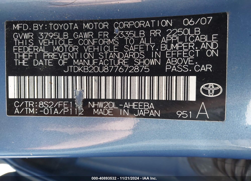 2007 TOYOTA PRIUS VIN: JTDKB20U877672875