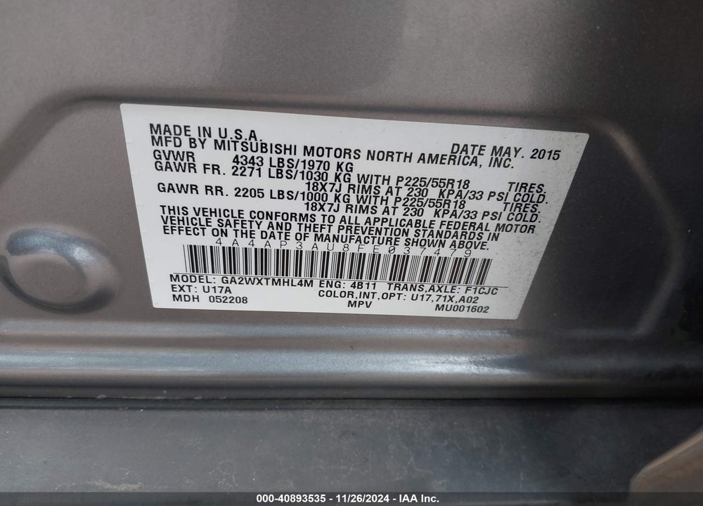 2015 MITSUBISHI OUTLANDER SPORT ES VIN: 4A4AP3AU8FE037479