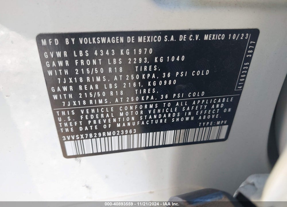 2024 VOLKSWAGEN TAOS 1.5T SE VIN: 3VVSX7B29RM023963