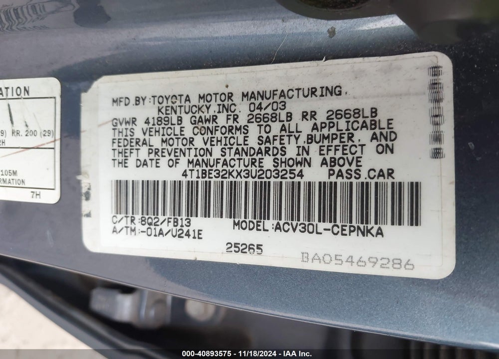 2003 TOYOTA CAMRY LE VIN: 4T1BE32KX3U203254
