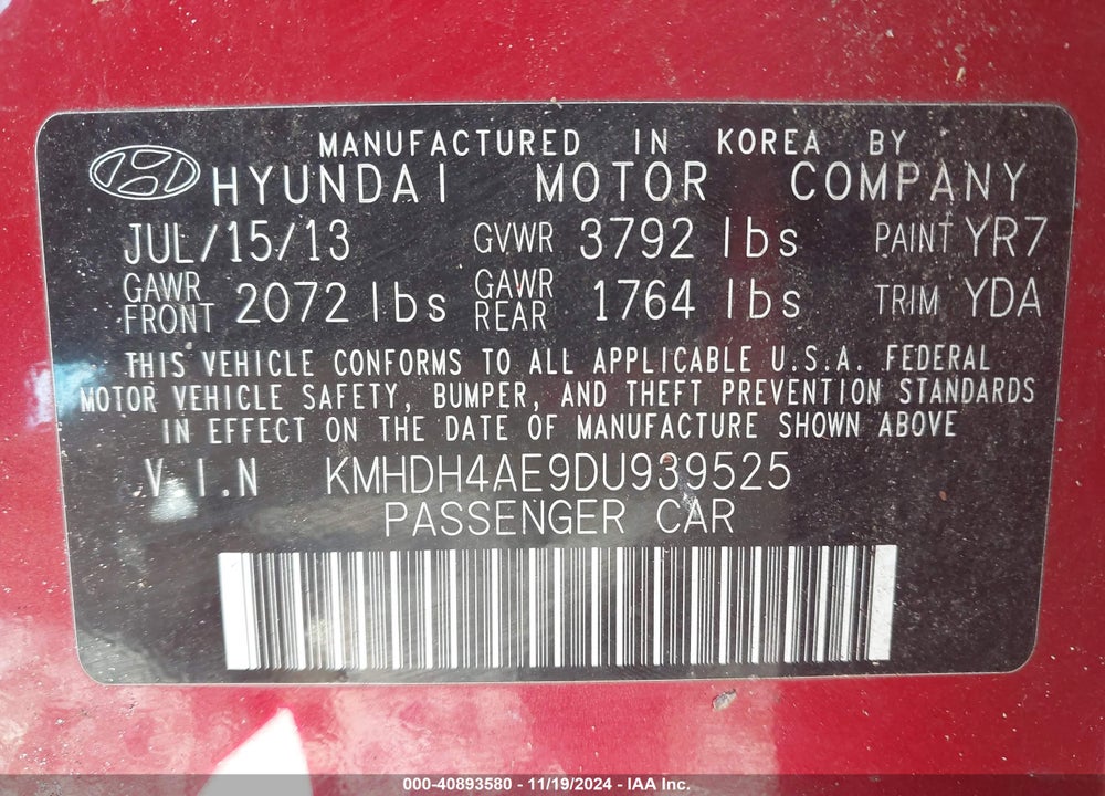 2013 HYUNDAI ELANTRA GLS VIN: KMHDH4AE9DU939525