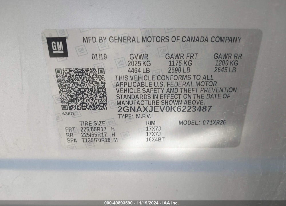 2019 CHEVROLET EQUINOX LT VIN: 2GNAXJEV0K6223487