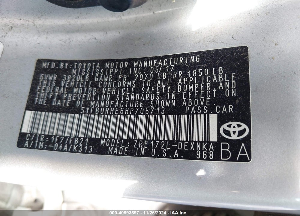 2017 TOYOTA COROLLA LE VIN: 5YFBURHE6HP705713
