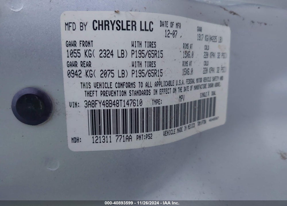 2008 CHRYSLER PT CRUISER VIN: 3A8FY48B48T147610