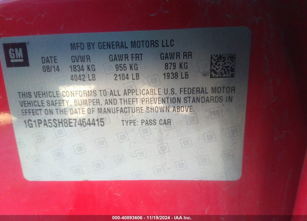 2014 CHEVROLET CRUZE LS AUTO VIN: 1G1PA5SH8E7464415