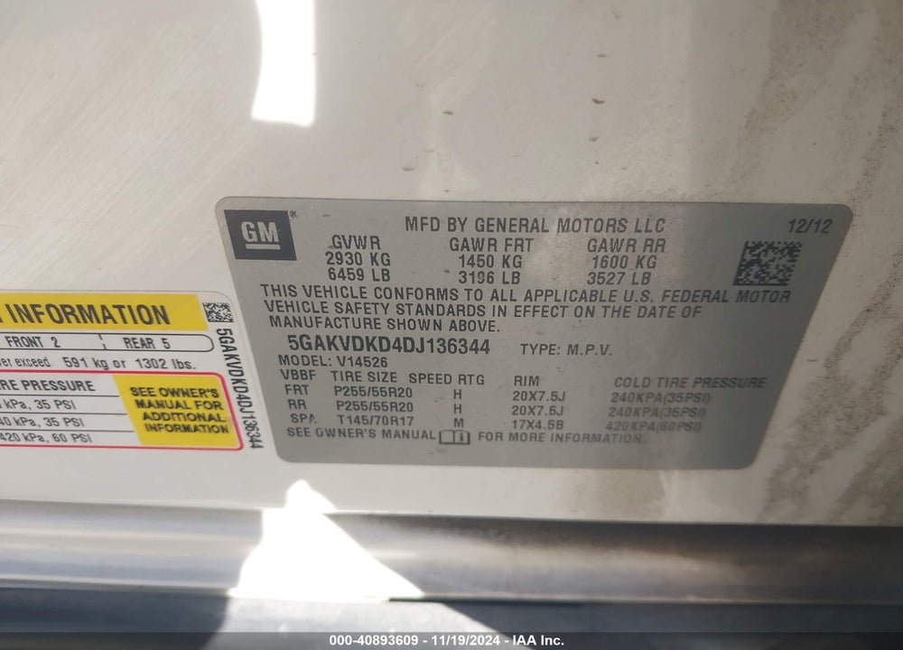 2013 BUICK ENCLAVE PREMIUM VIN: 5GAKVDKD4DJ136344