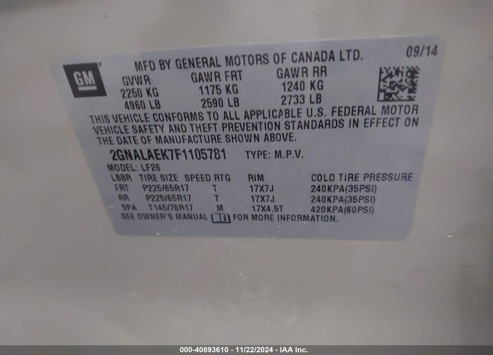 2015 CHEVROLET EQUINOX LS VIN: 2GNALAEK7F1105781