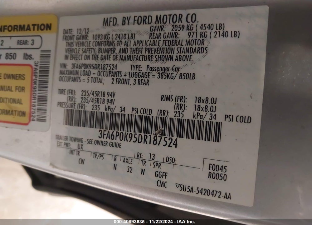 2013 FORD FUSION TITANIUM VIN: 3FA6P0K95DR187524