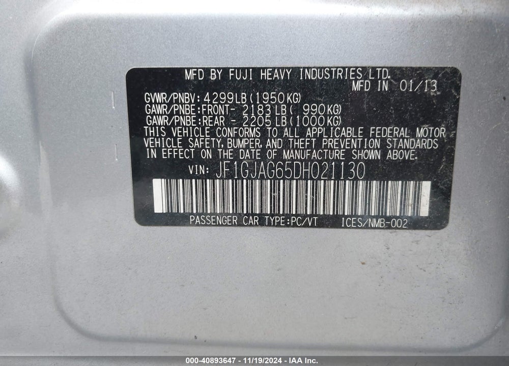 2013 SUBARU IMPREZA 2.0I LIMITED VIN: JF1GJAG65DH021130