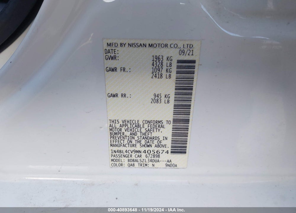 2021 NISSAN ALTIMA SR FWD VIN: 1N4BL4CV9MN405674