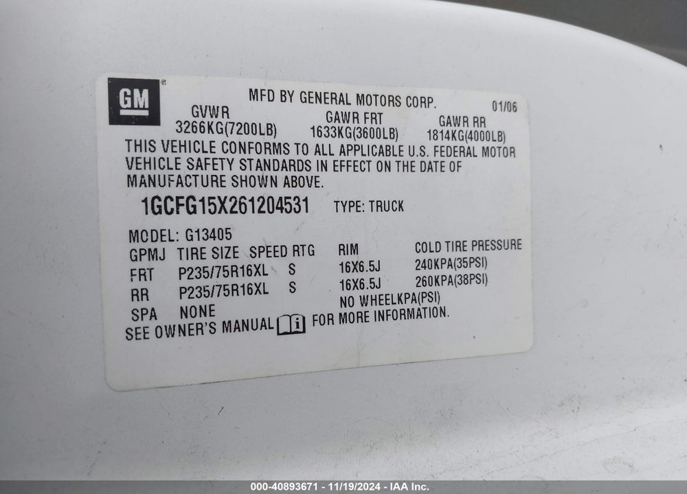 2006 CHEVROLET EXPRESS WORK VAN VIN: 1GCFG15X261204531