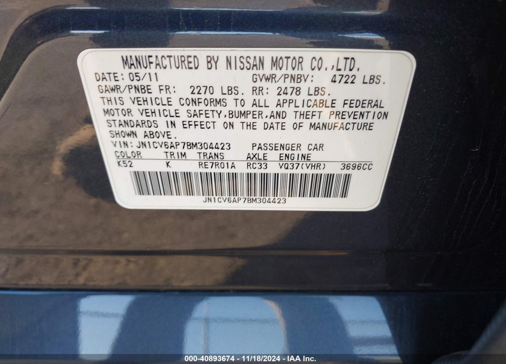 2011 INFINITI G37 JOURNEY VIN: JN1CV6AP7BM304423