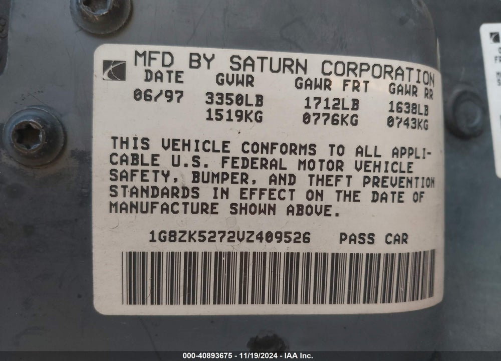 1997 SATURN SL SL2 VIN: 1G8ZK5272VZ409526