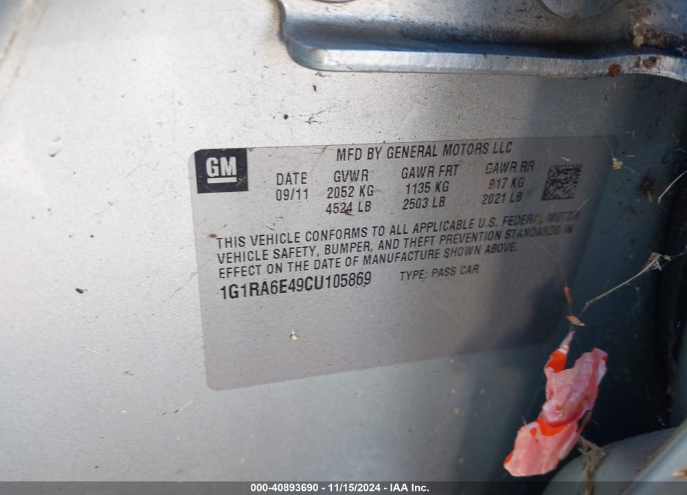 2012 CHEVROLET VOLT VIN: 1G1RA6E49CU105869