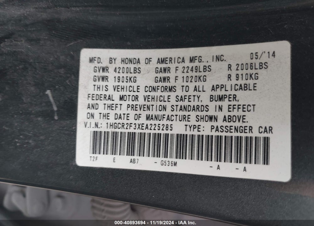 2014 HONDA ACCORD LX VIN: 1HGCR2F3XEA225285