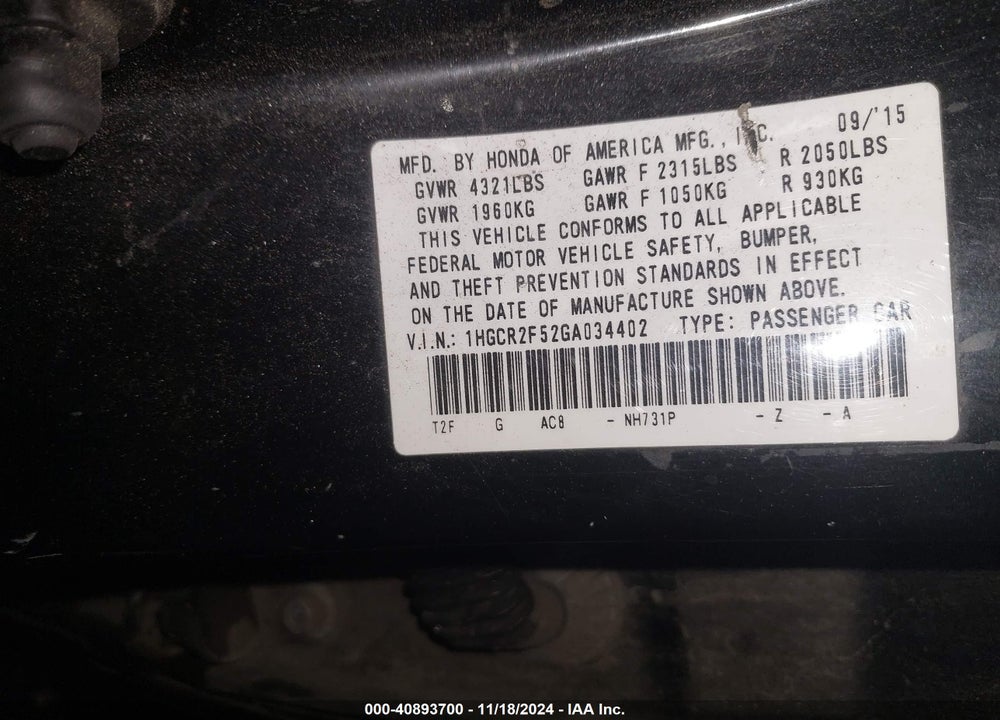 2016 HONDA ACCORD SPORT VIN: 1HGCR2F52GA034402