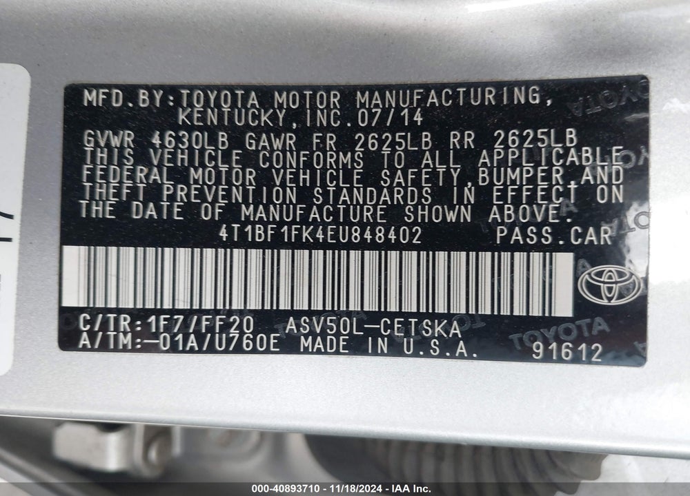 2014 TOYOTA CAMRY SE VIN: 4T1BF1FK4EU848402