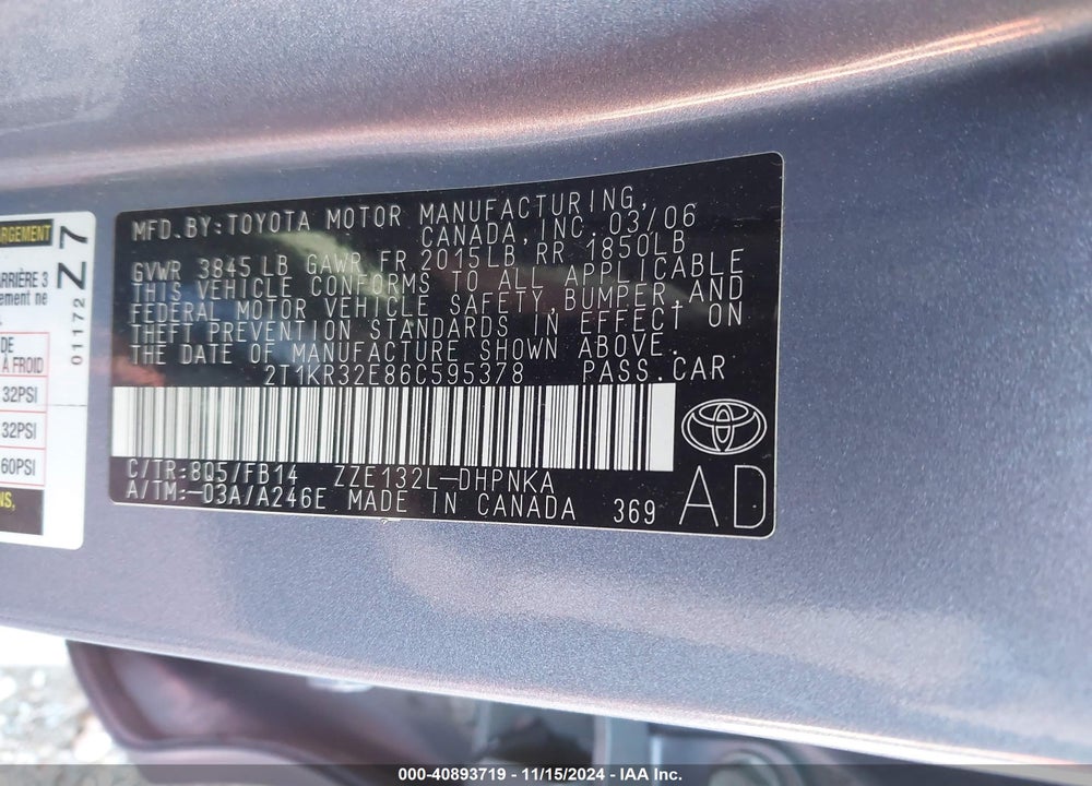 2006 TOYOTA MATRIX/XR VIN: 2T1KR32E86C595378