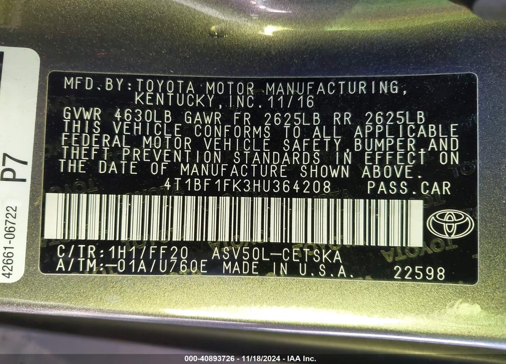 2017 TOYOTA CAMRY SE VIN: 4T1BF1FK3HU364208
