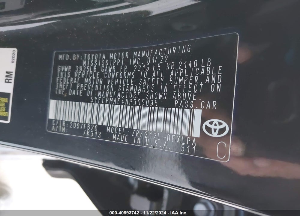 2022 TOYOTA COROLLA LE VIN: 5YFEPMAE4NP305095