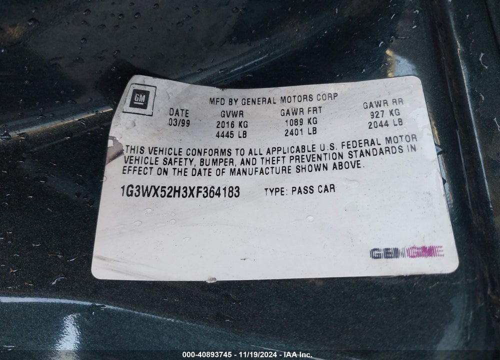 1999 OLDSMOBILE INTRIGUE GLS VIN: 1G3WX52H3XF364183
